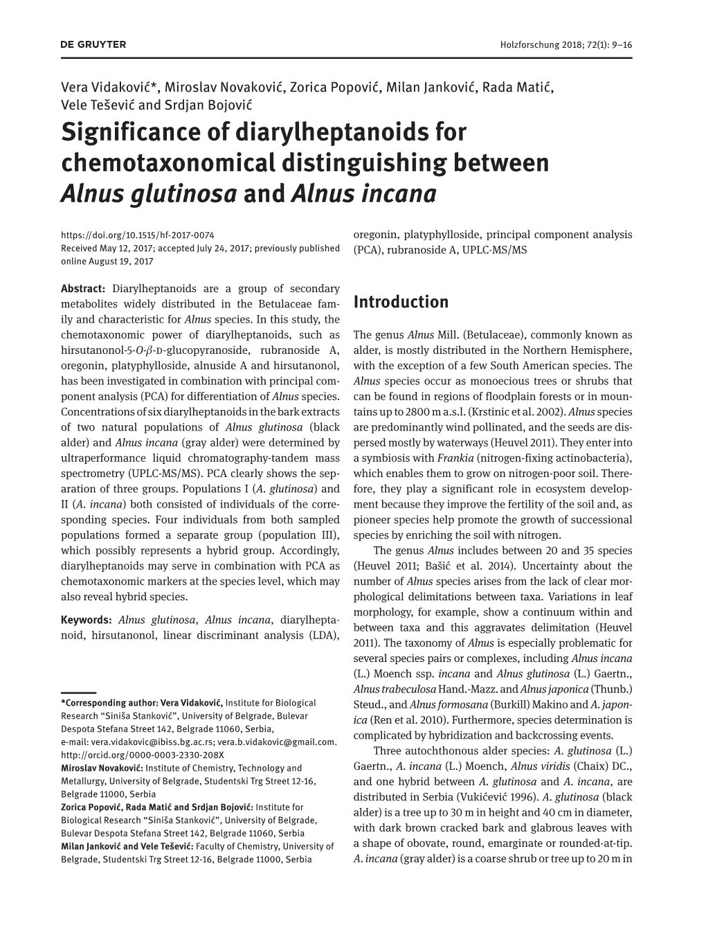 Significance of Diarylheptanoids for Chemotaxonomical Distinguishing Between Alnus Glutinosa and Alnus Incana