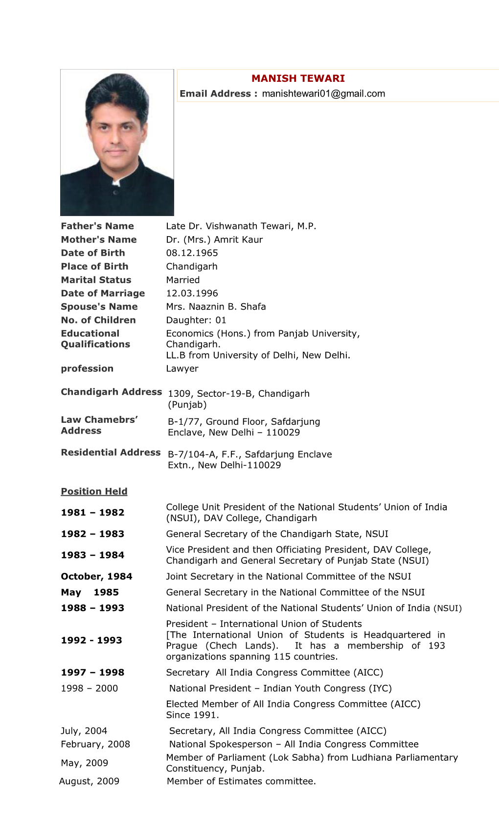 Manish Tewari's Cv