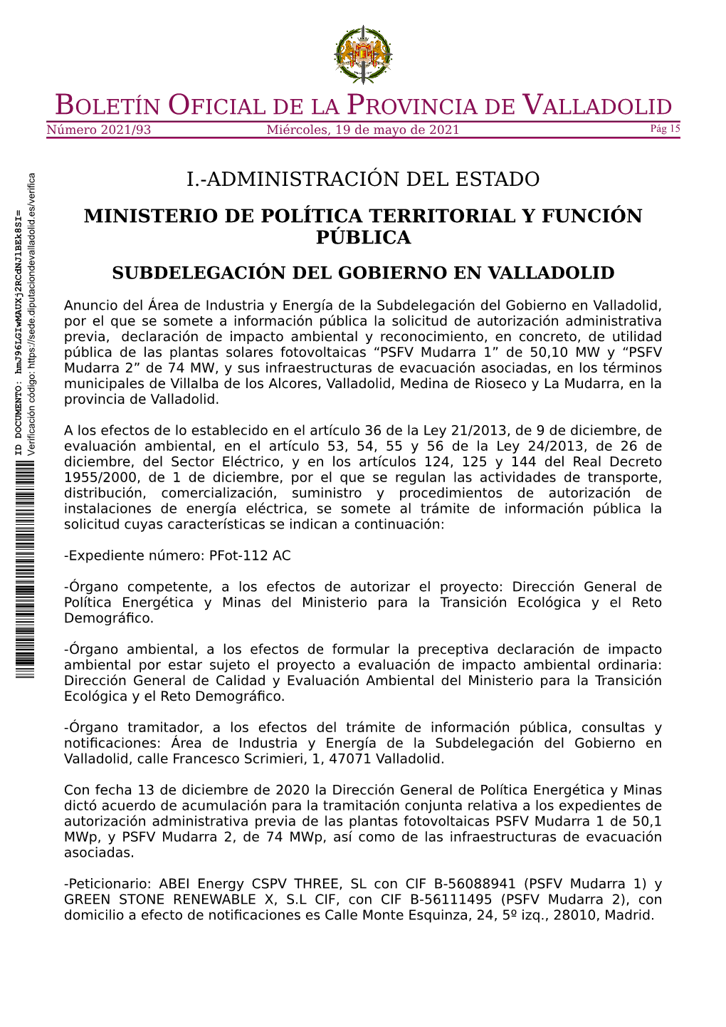 BOLETÍN OFICIAL DE LA PROVINCIA DE VALLADOLID Número 2021/93 Miércoles, 19 De Mayo De 2021 Pág 15