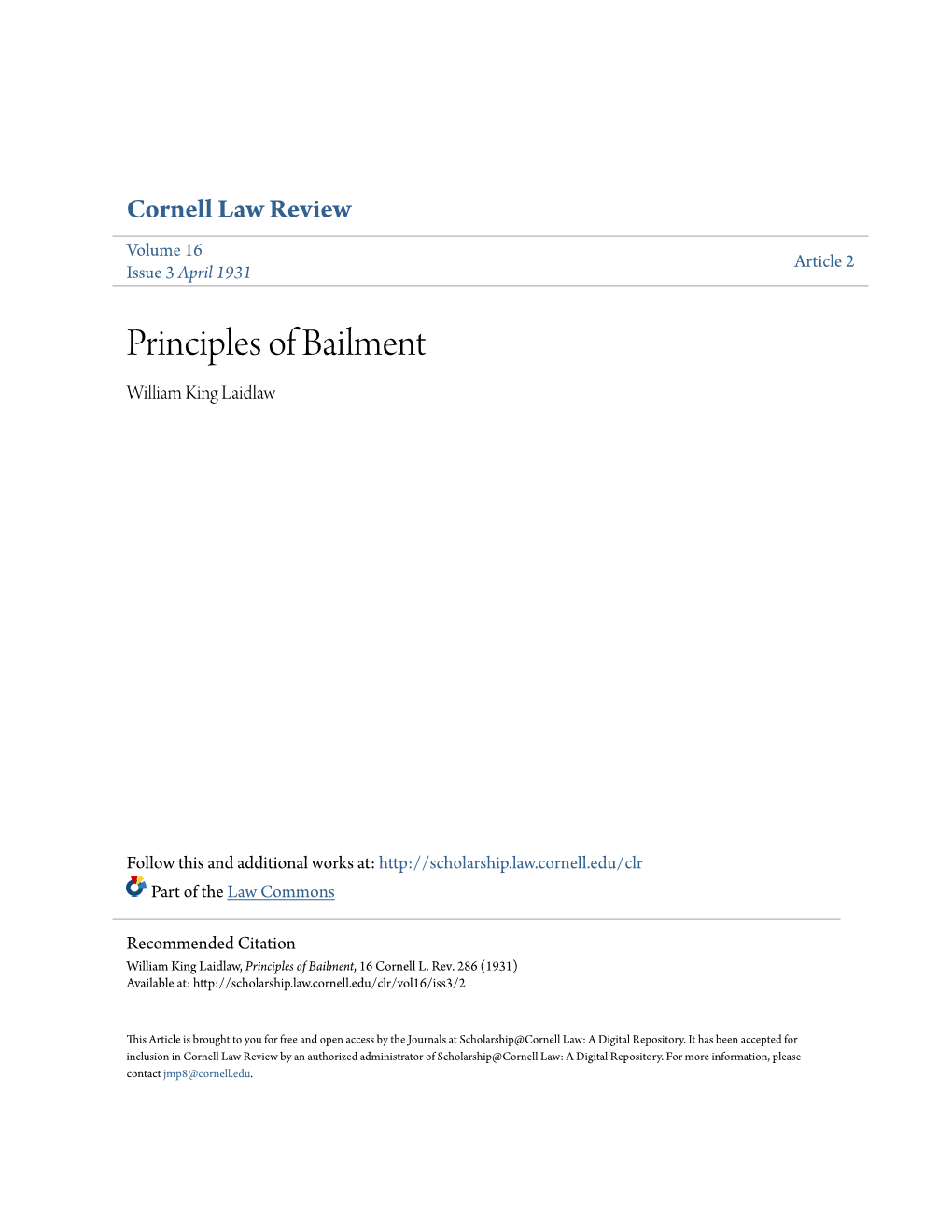 Principles of Bailment William King Laidlaw