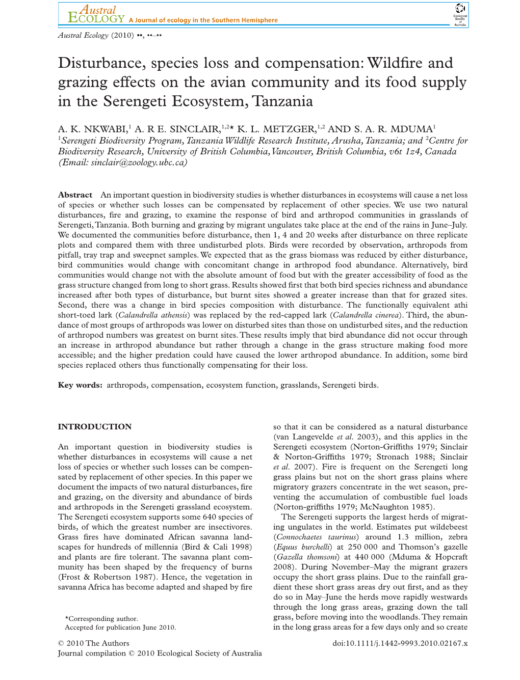 Disturbance, Species Loss and Compensation: Wildfire and Grazing