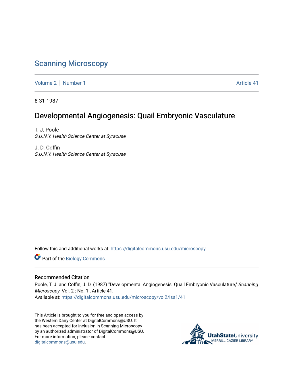 Developmental Angiogenesis: Quail Embryonic Vasculature