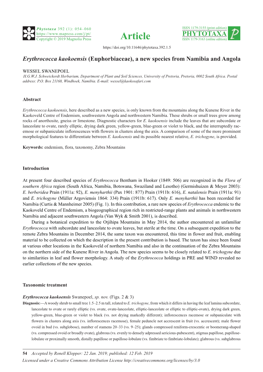 Erythrococca Kaokoensis (Euphorbiaceae), a New Species from Namibia and Angola