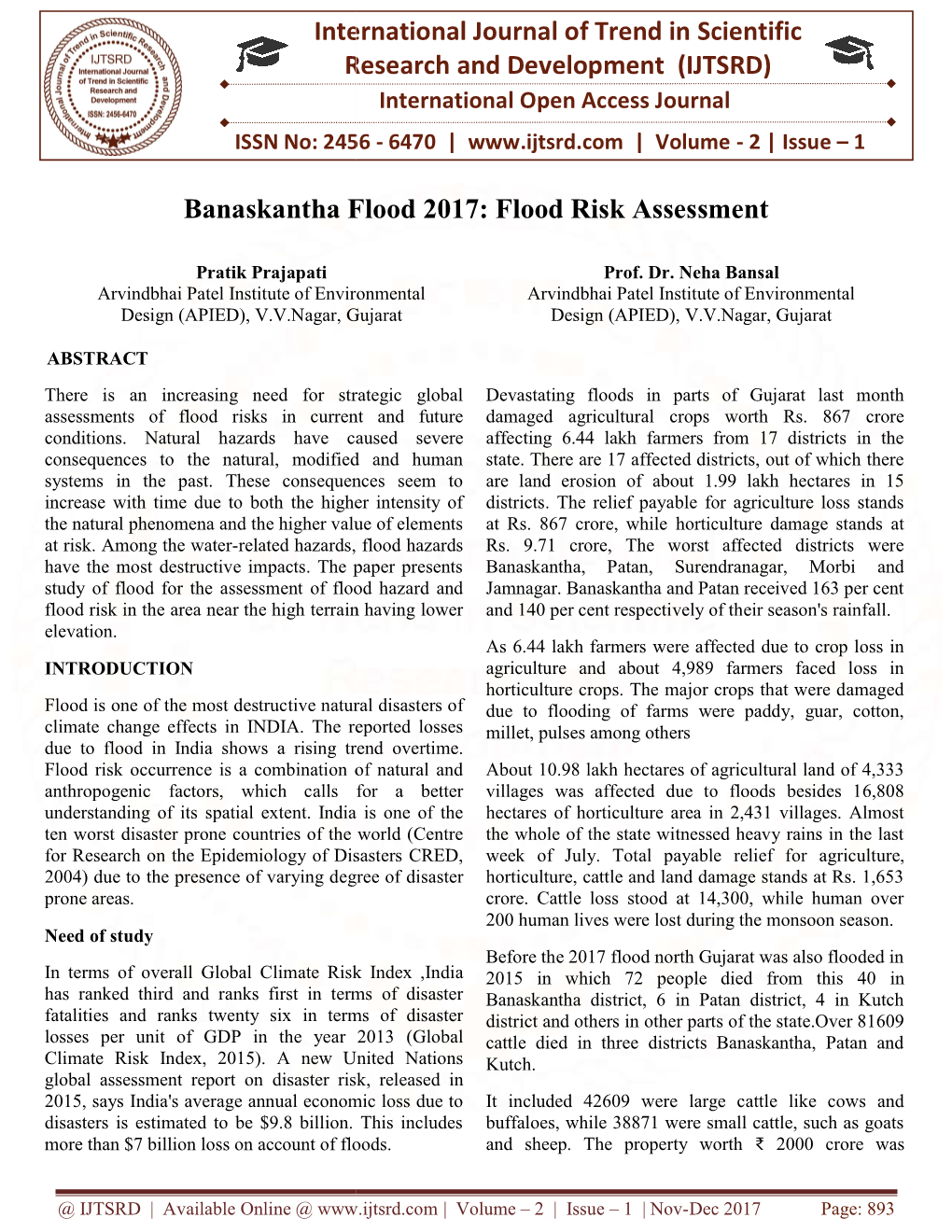 International Research Banaskantha Flood 2017: F International Journal of Trend in Scientific Research and Development (IJTSRD)