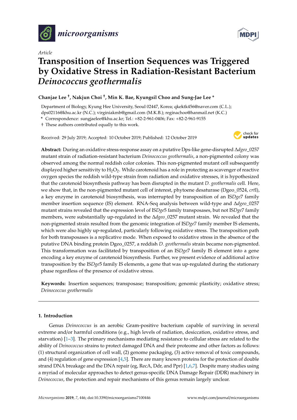 Transposition of Insertion Sequences Was Triggered by Oxidative Stress in Radiation-Resistant Bacterium Deinococcus Geothermalis