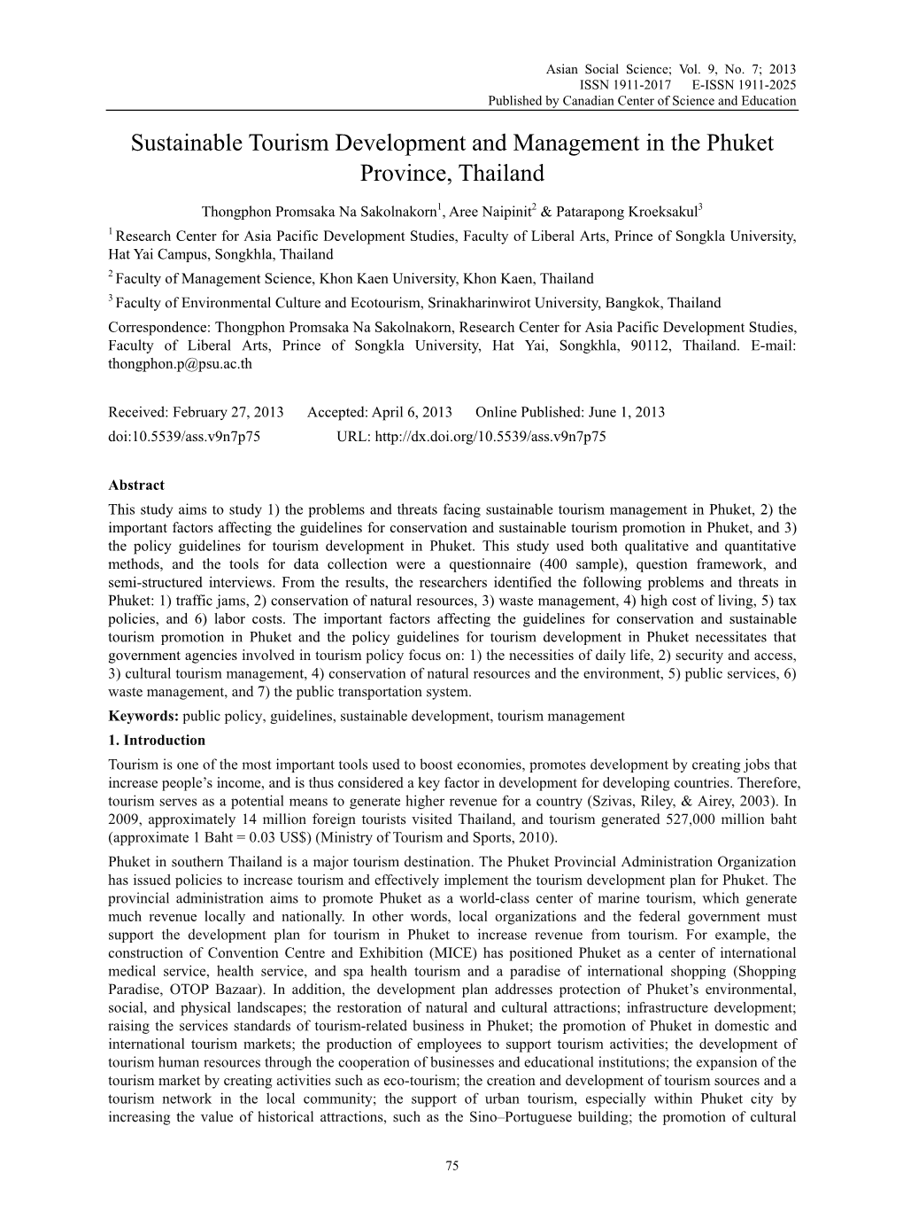 Sustainable Tourism Development and Management in the Phuket Province, Thailand