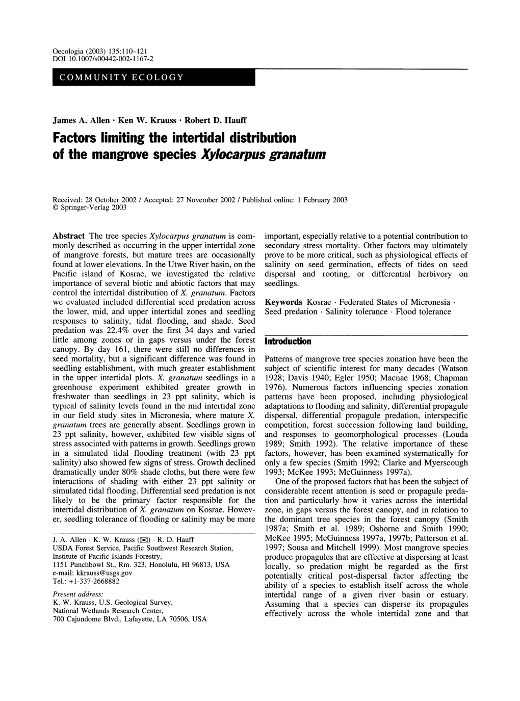 Factors Limiting the Intertidal Distribution of the Mangrove