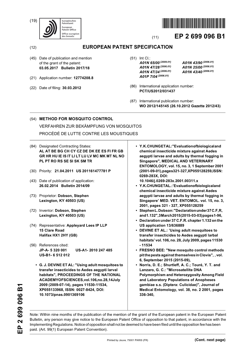 Method for Mosquito Control Verfahren Zur Bekämpfung Von Mosquitos Procédé De Lutte Contre Les Moustiques