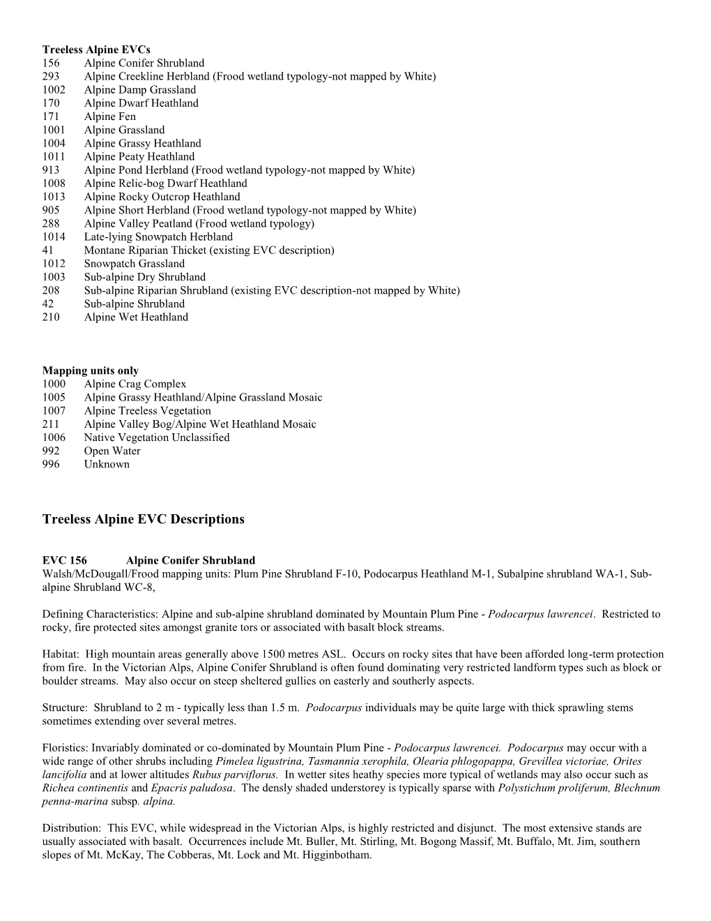 Treeless Alpine EVC Descriptions