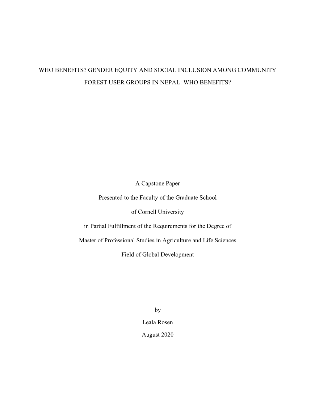 Who Benefits? Gender Equity and Social Inclusion Among Community Forest User Groups in Nepal: Who Benefits?