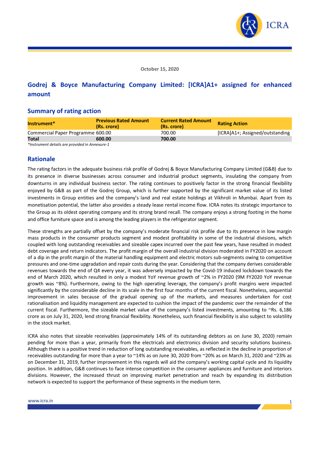 Godrej & Boyce Manufacturing Company Limited: [ICRA]A1+ Assigned for Enhanced Amount Summary of Rating Action Rationale