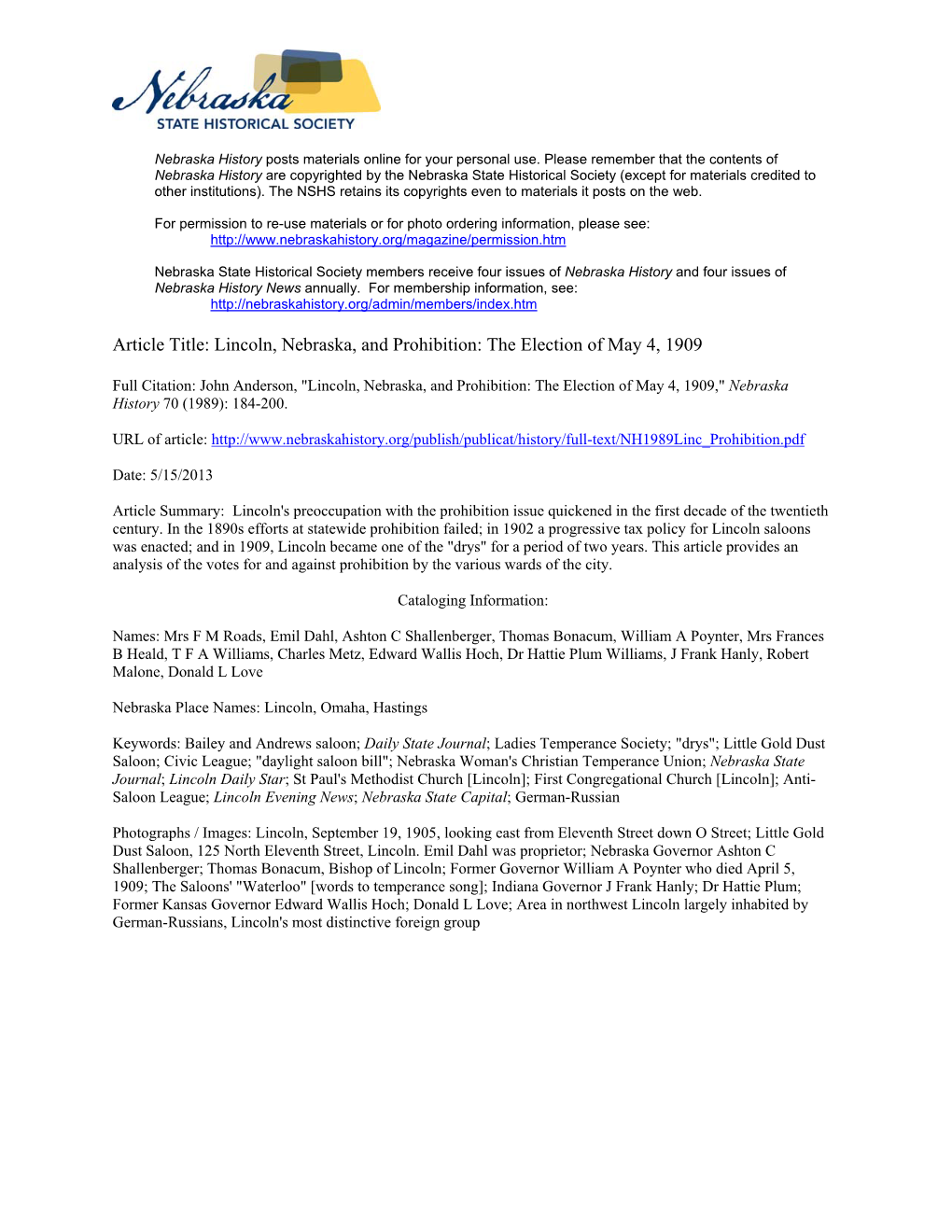 Article Title: Lincoln, Nebraska, and Prohibition: the Election of May 4, 1909