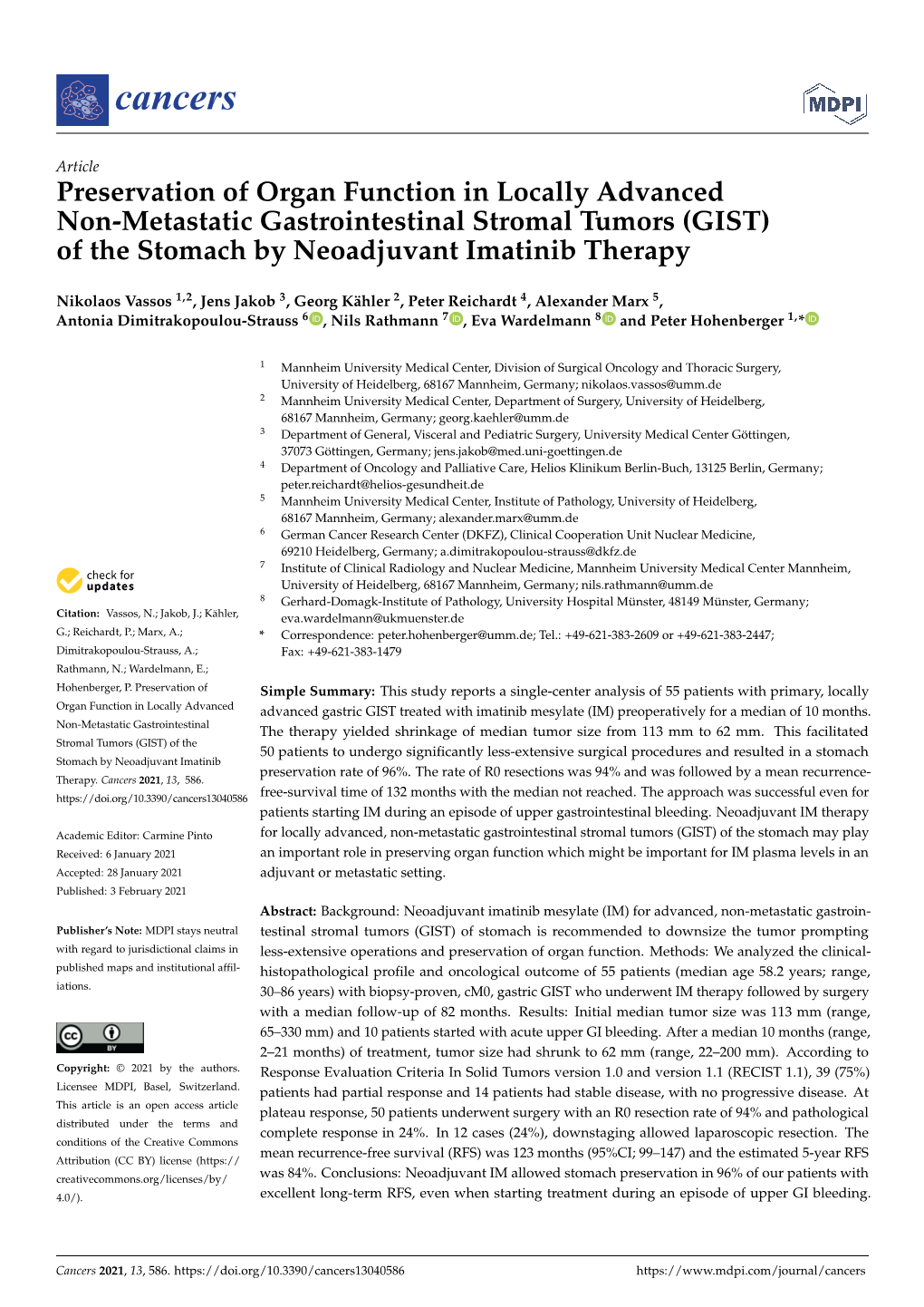 (GIST) of the Stomach by Neoadjuvant Imatinib Therapy