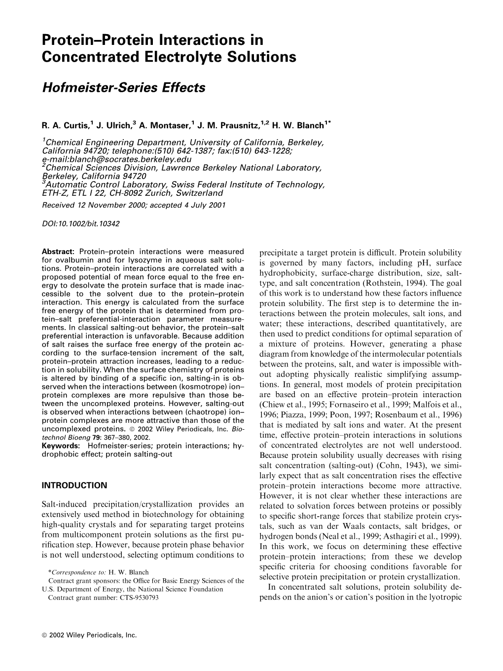 Protein±Protein Interactions in Concentrated Electrolyte Solutions