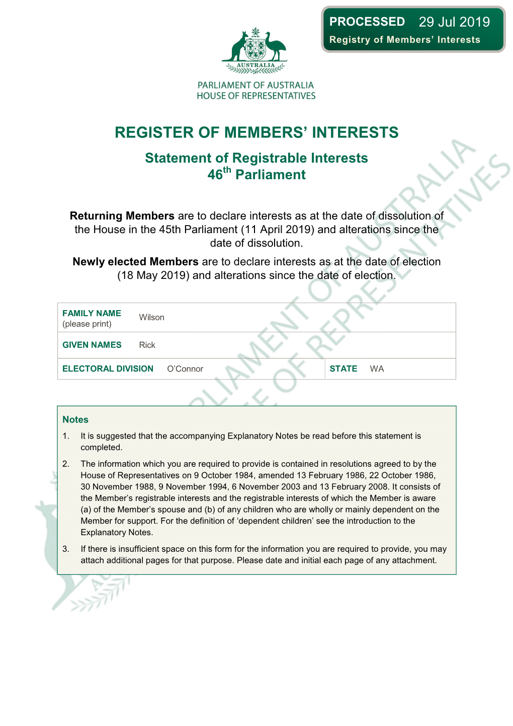 Register of Members' Interests Notification of Alteration(S) of Interests 46™ Parliament