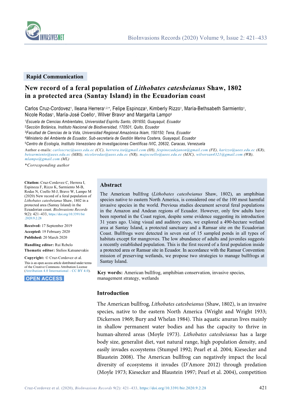 New Record of a Feral Population of Lithobates Catesbeianus Shaw, 1802 in a Protected Area (Santay Island) in the Ecuadorian Coast