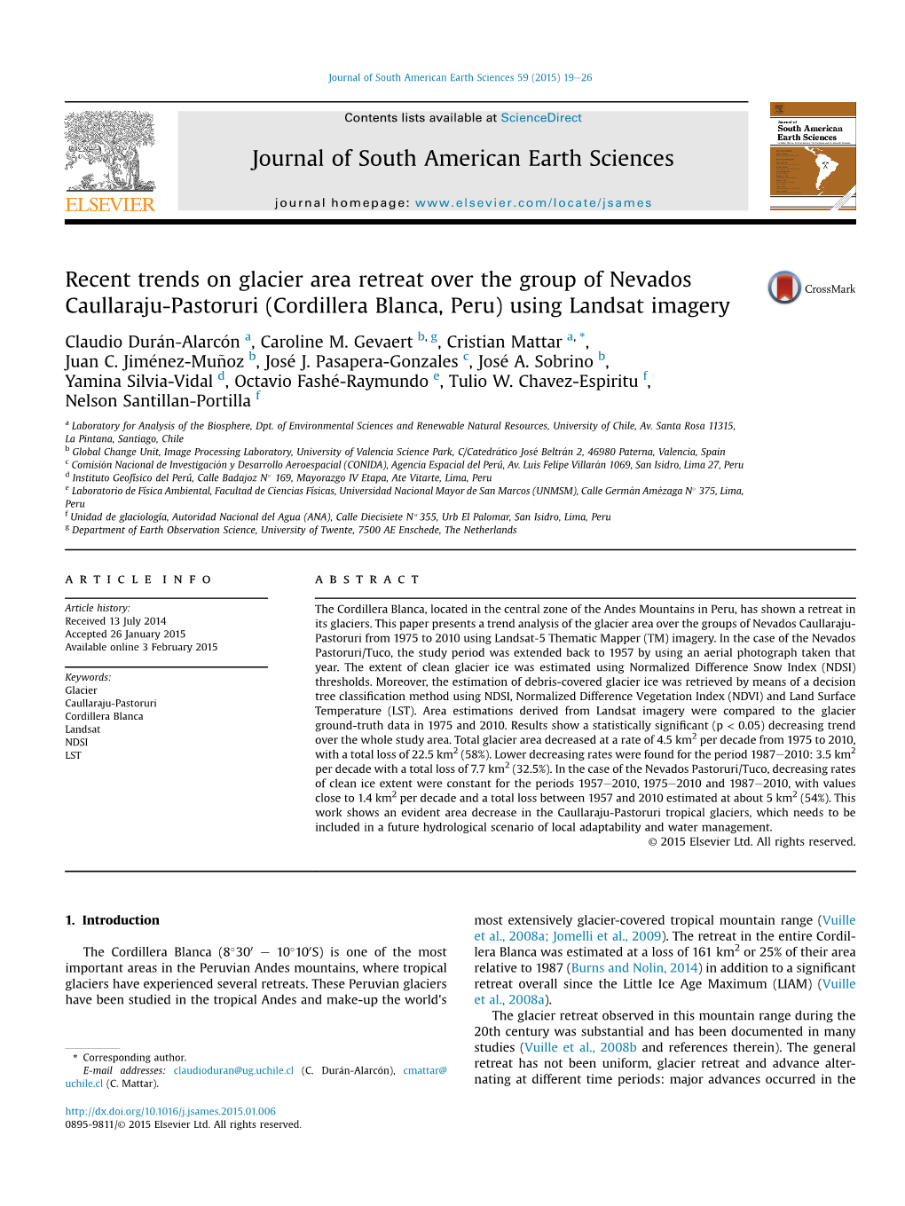 Recent Trends on Glacier Area Retreat Over the Group of Nevados Caullaraju-Pastoruri (Cordillera Blanca, Peru) Using Landsat Imagery