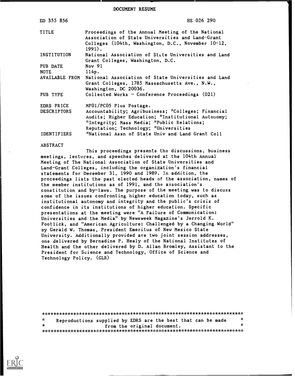 Proceedings of the Annual Meeting of the National Association of State Universities and Land-Grant Colleges (104Th, Washington, D.C., November 10-12, 1991)