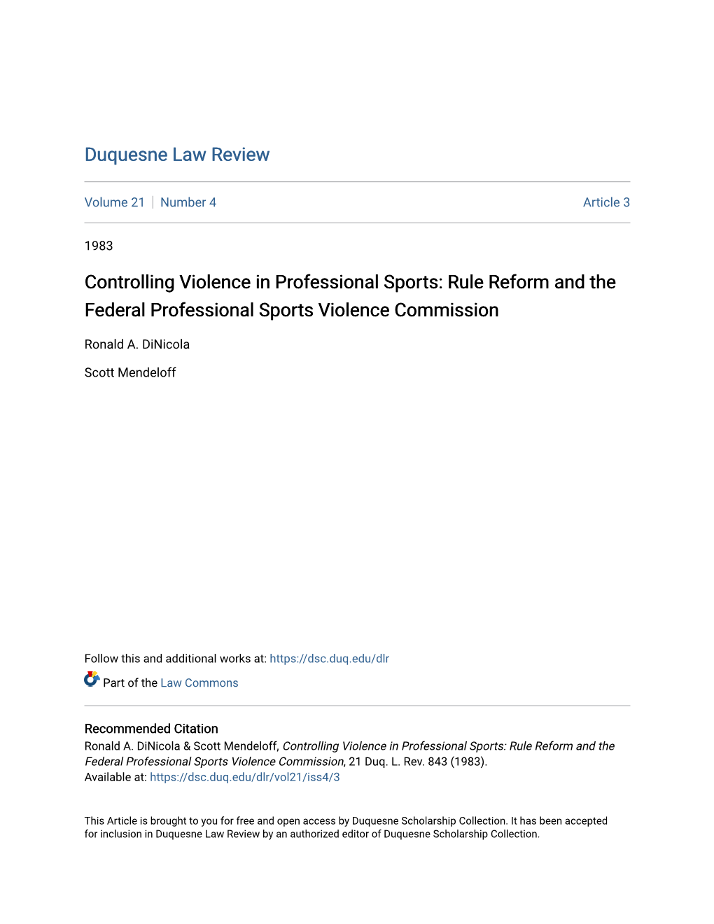 Controlling Violence in Professional Sports: Rule Reform and the Federal Professional Sports Violence Commission