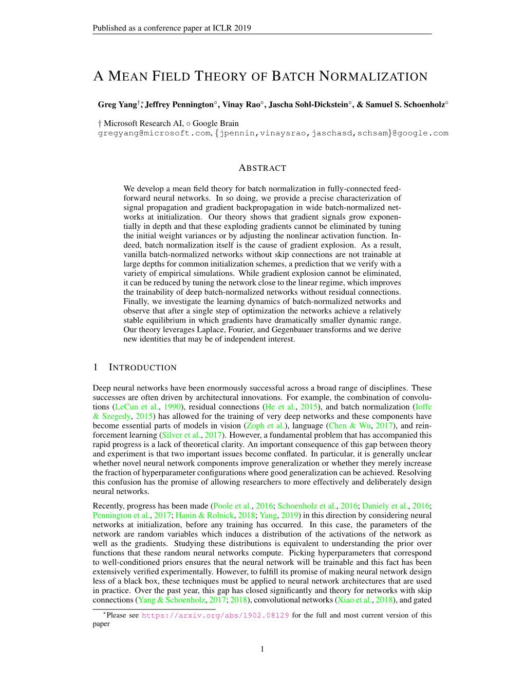 A Mean Field Theory of Batch Normalization