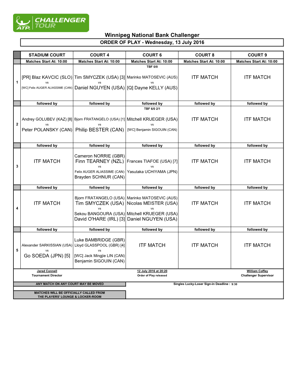 Winnipeg National Bank Challenger ORDER of PLAY - Wednesday, 13 July 2016