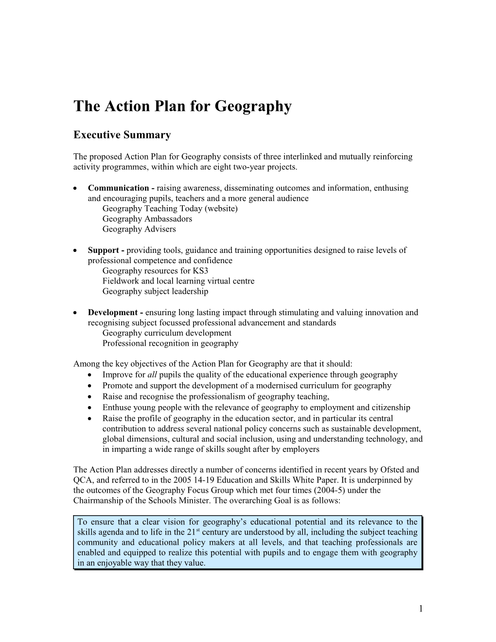 The Action Plan for Geography