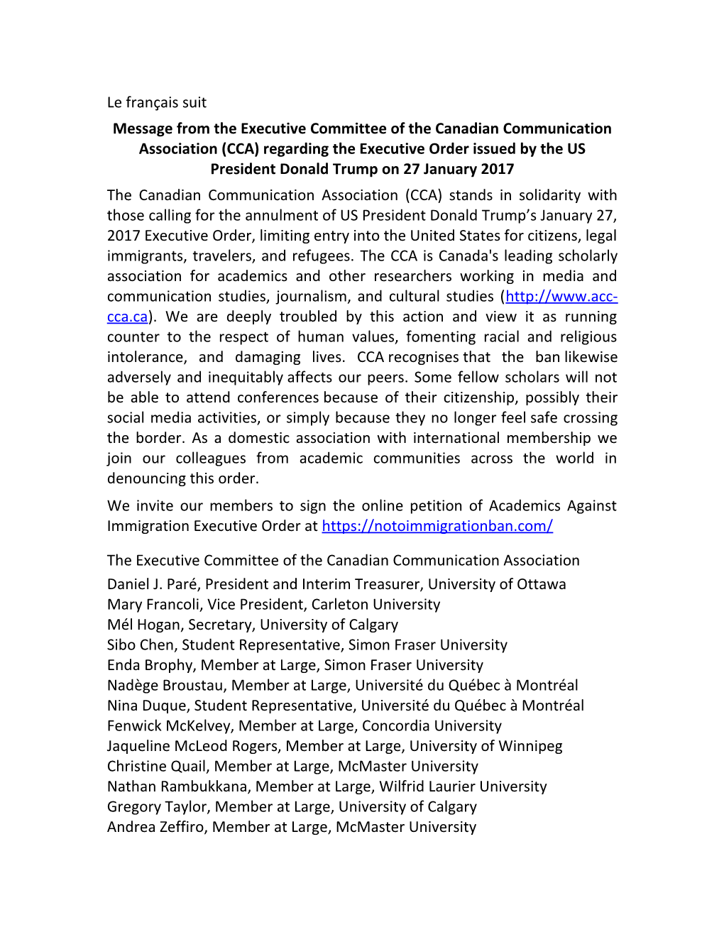 The Executive Committee of the Canadian Communication Association