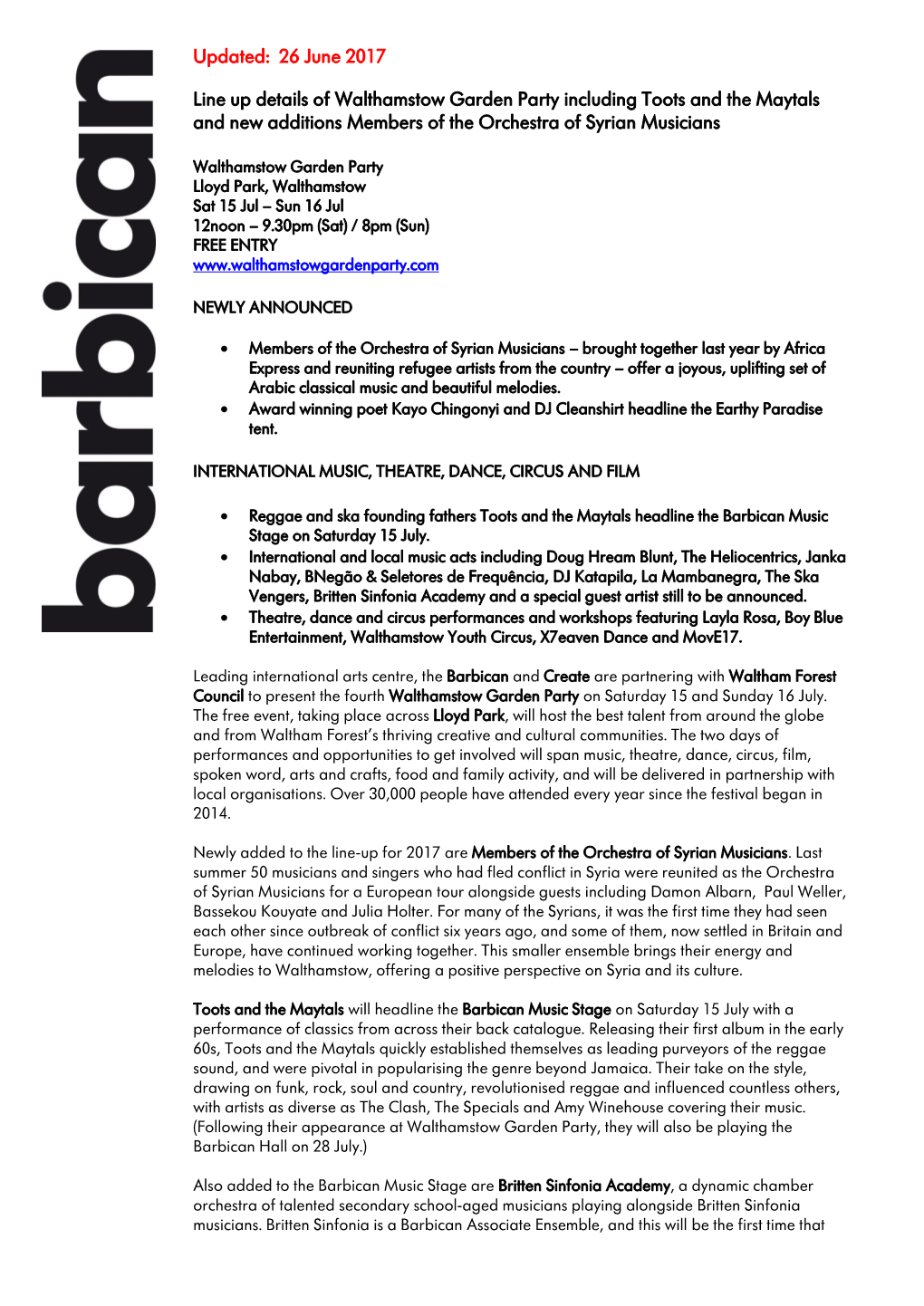 Line up Details of Walthamstow Garden Party Including Toots and the Maytals and New Additions Members of the Orchestra of Syrian Musicians