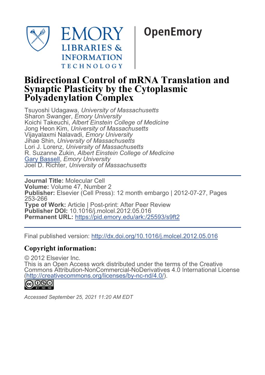 Bidirectional Control of Mrna Translation and Synaptic Plasticity