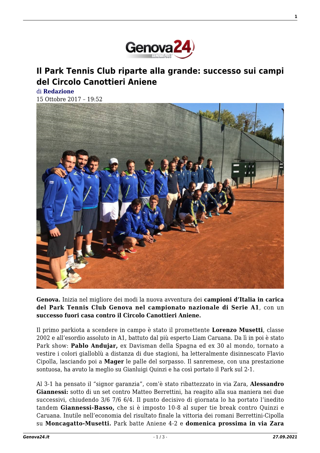 Il Park Tennis Club Riparte Alla Grande: Successo Sui Campi Del Circolo Canottieri Aniene Di Redazione 15 Ottobre 2017 – 19:52