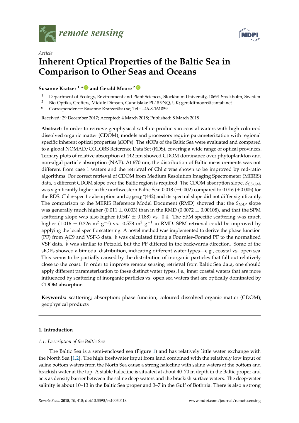 Inherent Optical Properties of the Baltic Sea in Comparison to Other Seas and Oceans