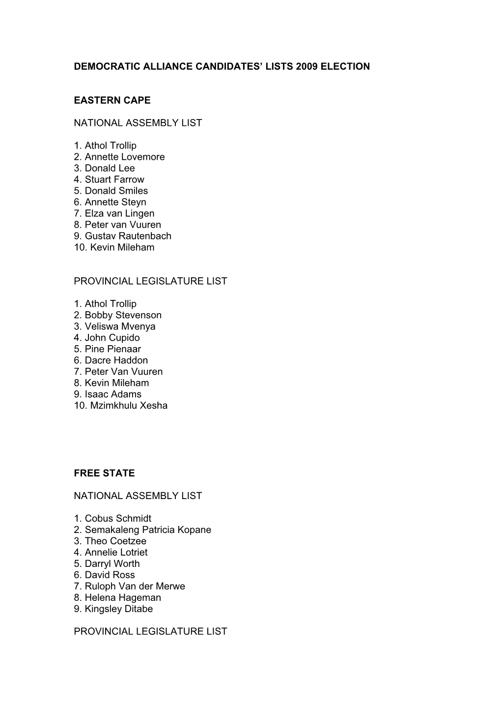 Democratic Alliance Candidates' Lists 2009