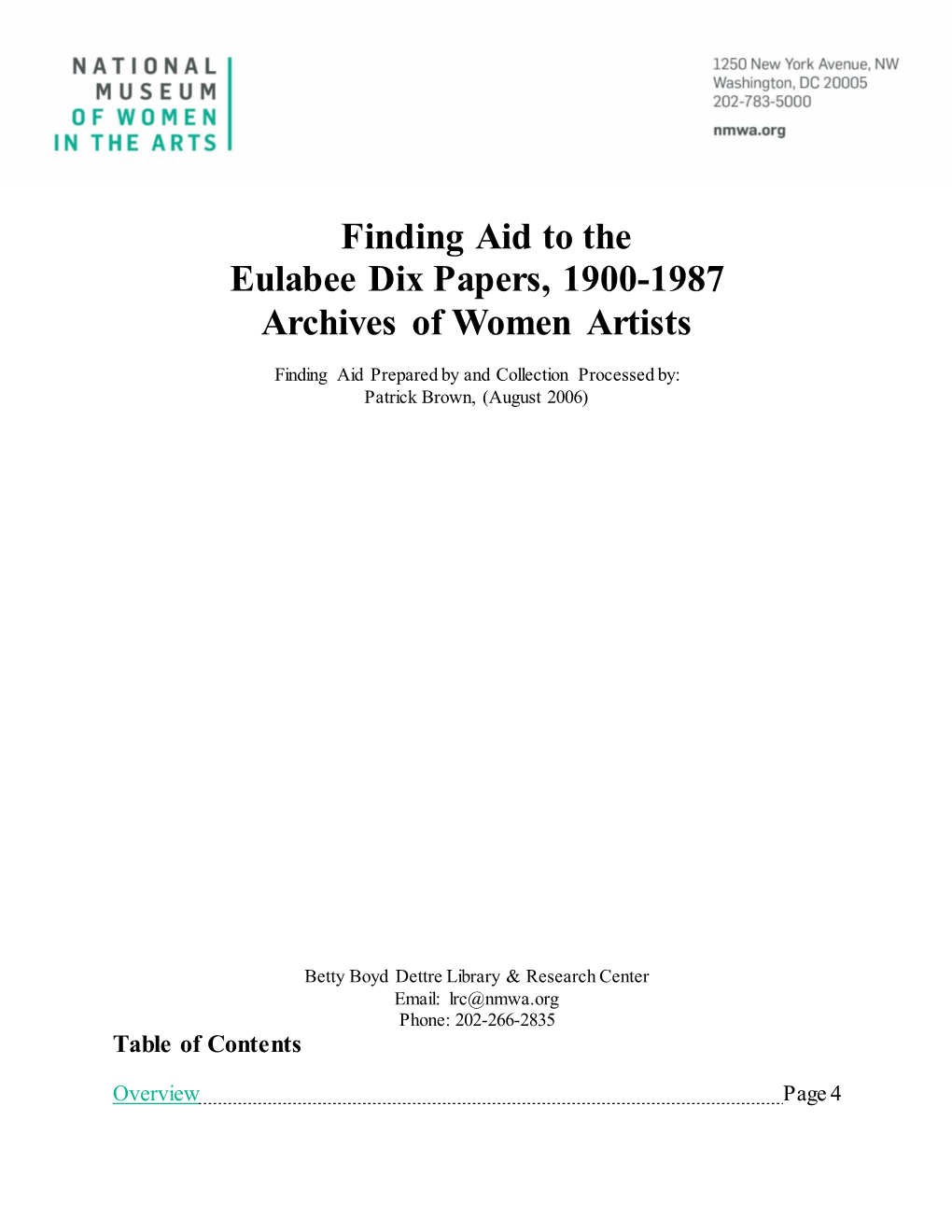 Finding Aid to the Eulabee Dix Papers, 1900-1987 Archives of Women Artists