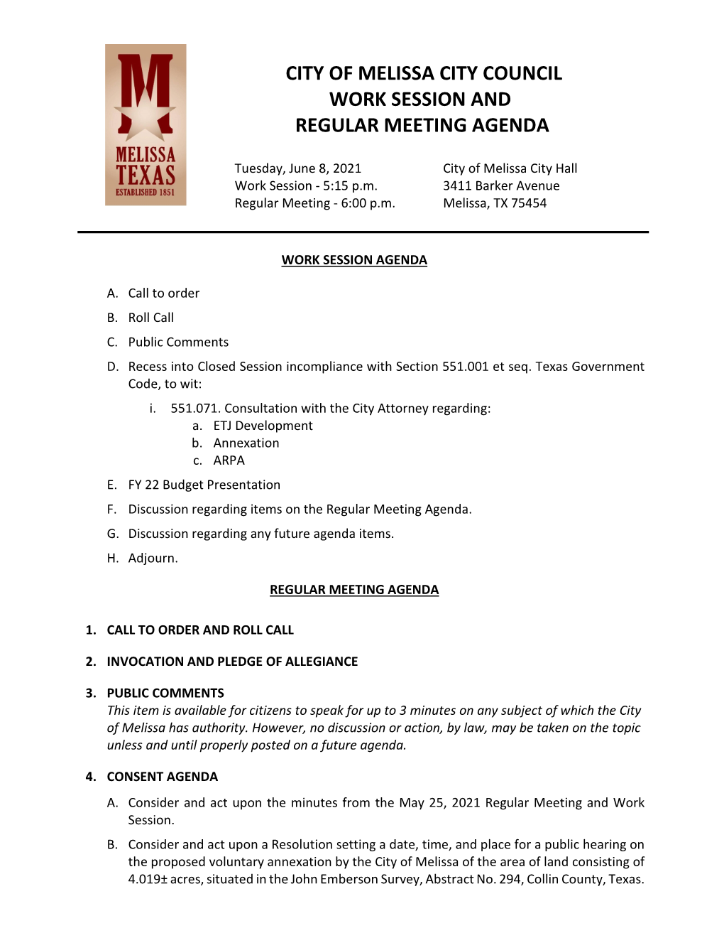City Council Work Session and Regular Meeting Agenda