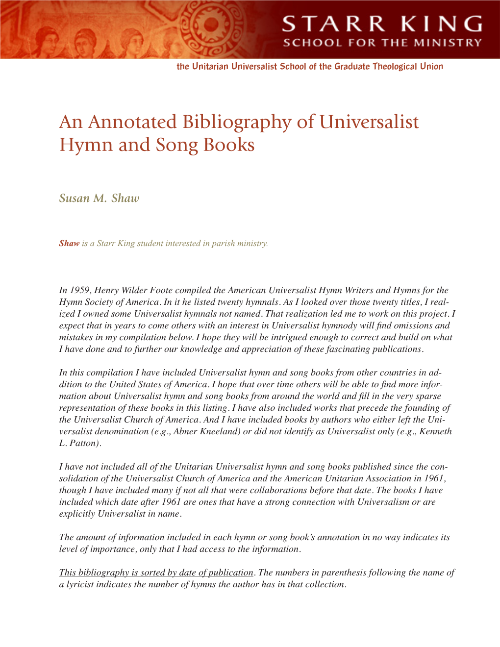 An Annotated Bibliography of Universalist Hymn and Song Books