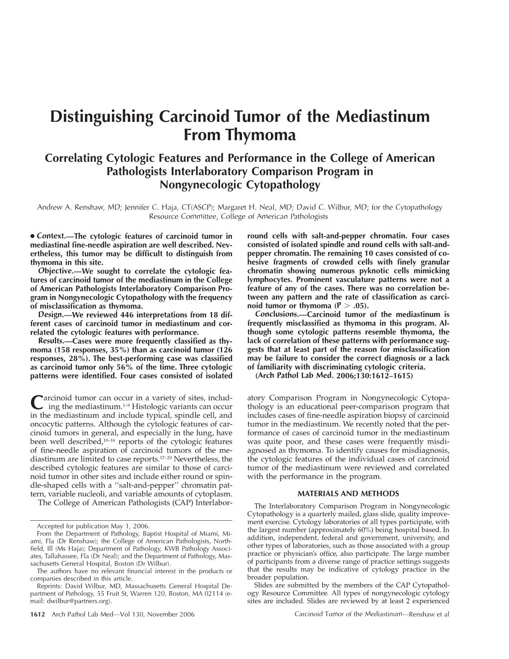 Distinguishing Carcinoid Tumor of the Mediastinum from Thymoma