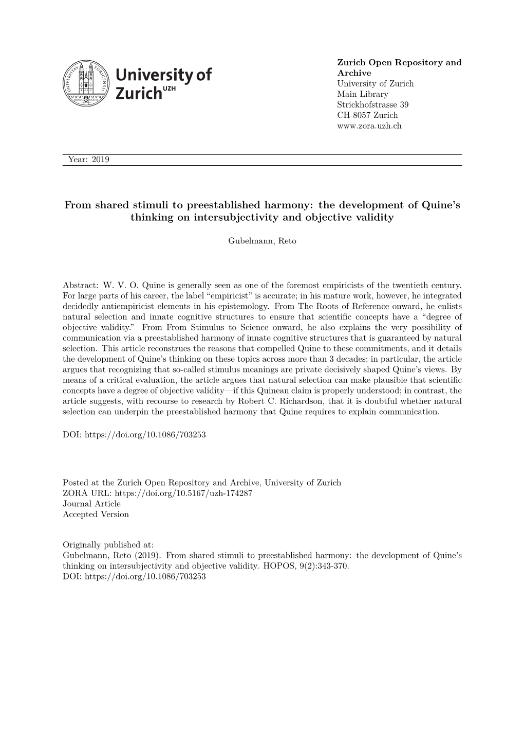 From Shared Stimuli to Preestablished Harmony: the Development of Quine's Thinking on Intersubjectivity and Objective Validity