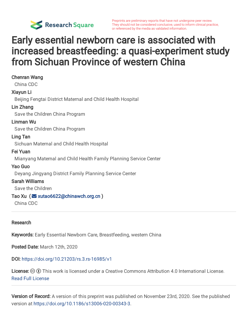 Early Essential Newborn Care Is Associated with Increased Breastfeeding: a Quasi-Experiment Study from Sichuan Province of Western China