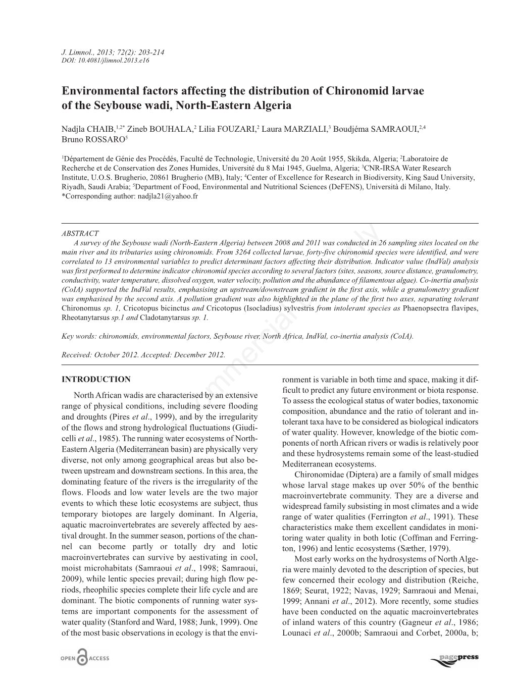 Environmental Factors Affecting the Distribution of Chironomid Larvae of the Seybouse Wadi, North-Eastern Algeria