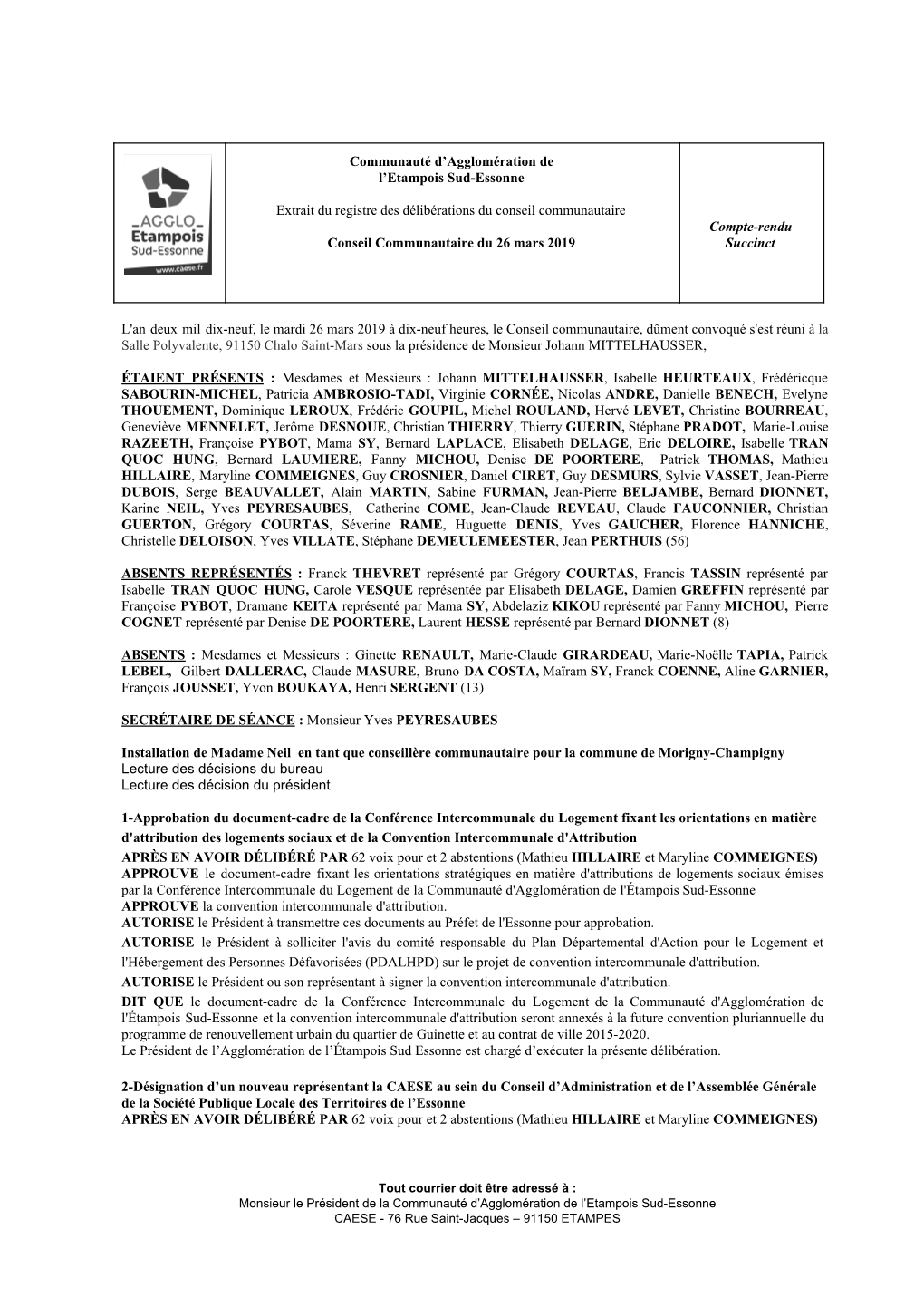 Communauté D'agglomération De L'etampois Sud-Essonne Extrait Du