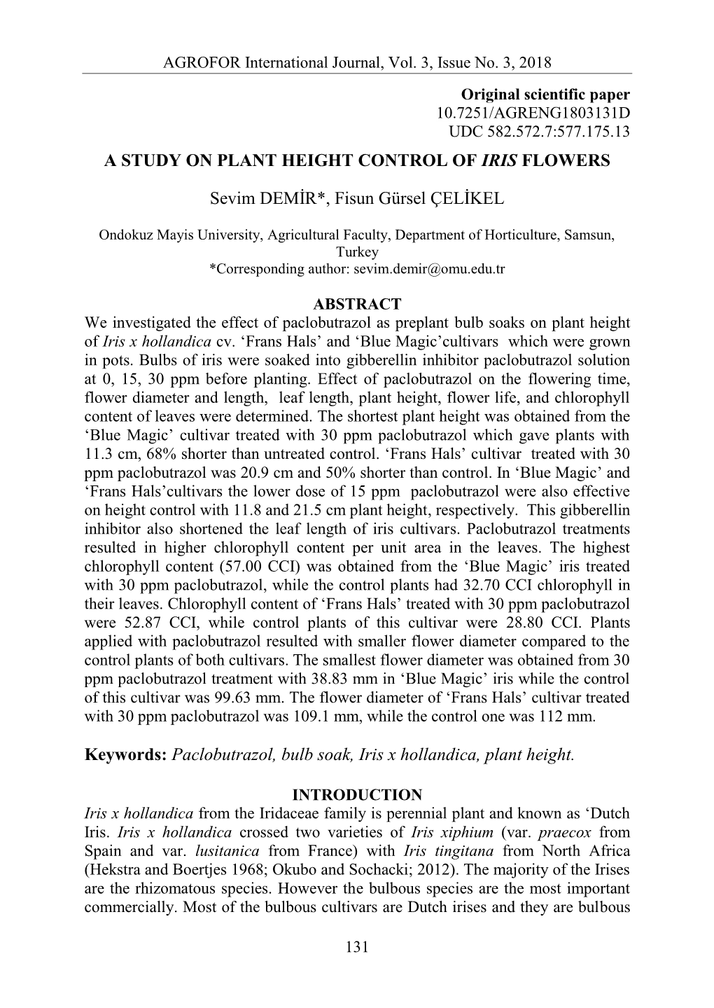 A Study on Plant Height Control of Iris Flowers