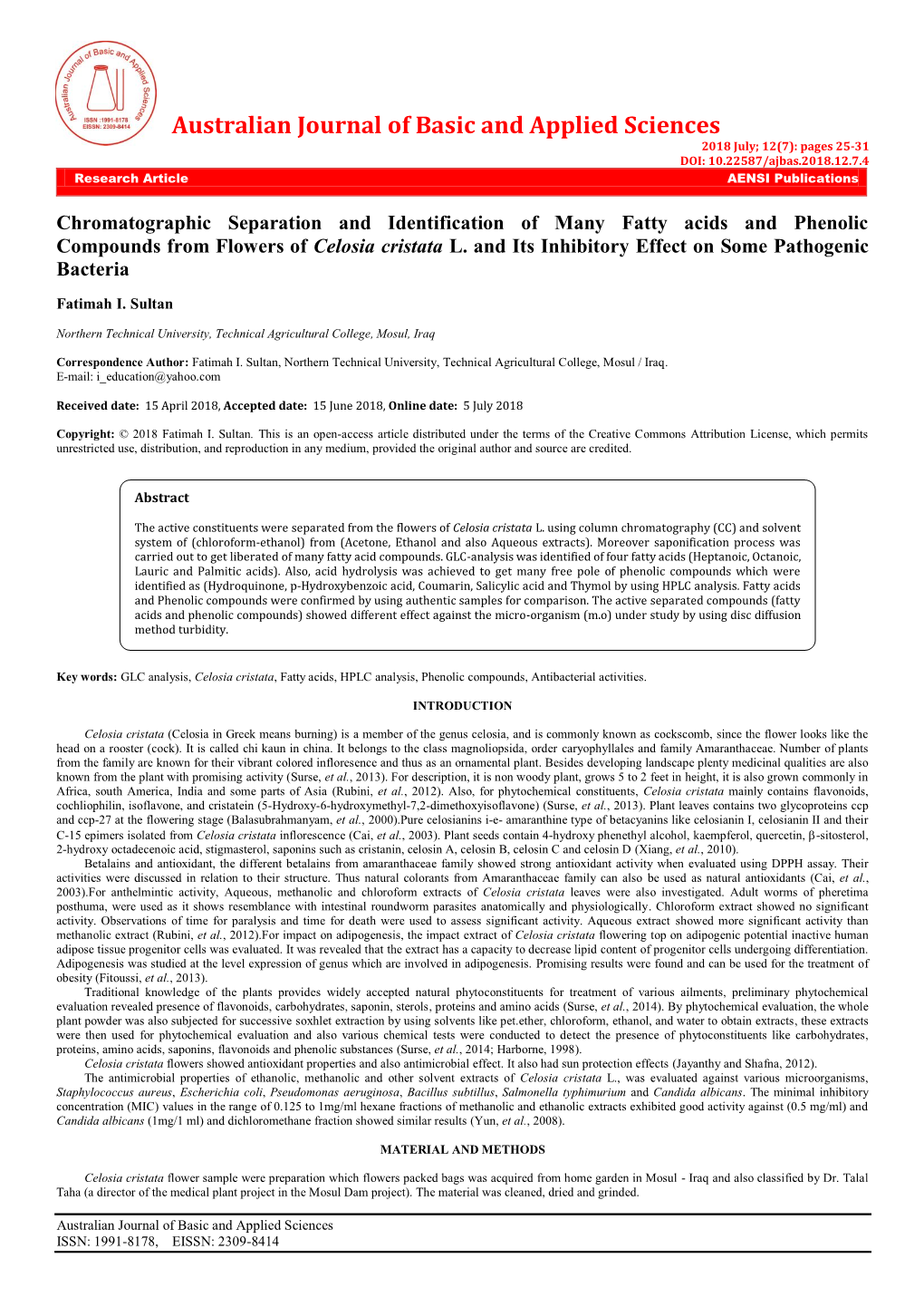 Chromatographic Separation and Identification of Many Fatty Acids and Phenolic Compounds from Flowers of Celosia Cristata L