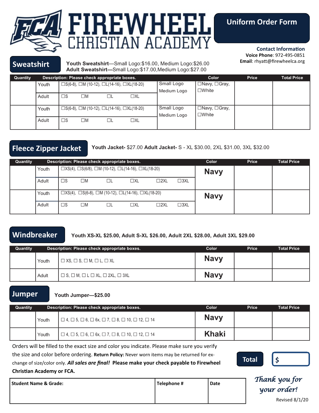 Uniform Order Form Sweatshirt Fleece Zipper Jacket Jumper Windbreaker