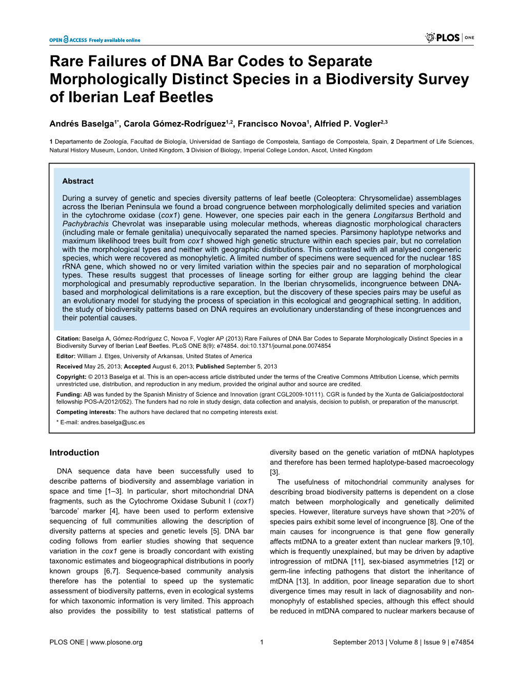 Rare Failures of DNA Bar Codes to Separate Morphologically Distinct Species in a Biodiversity Survey of Iberian Leaf Beetles