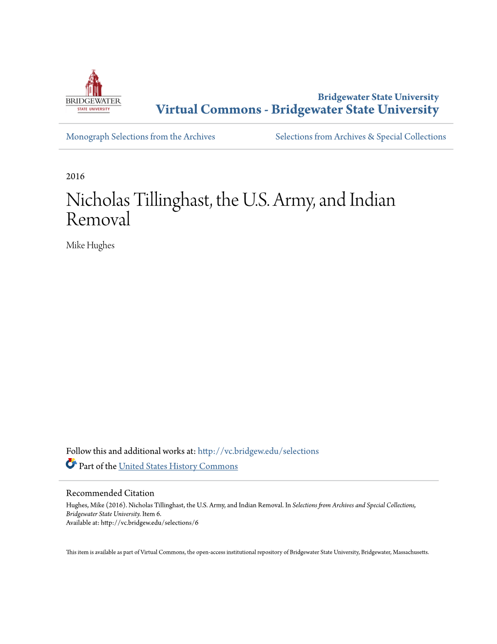 Nicholas Tillinghast, the U.S. Army, and Indian Removal Mike Hughes