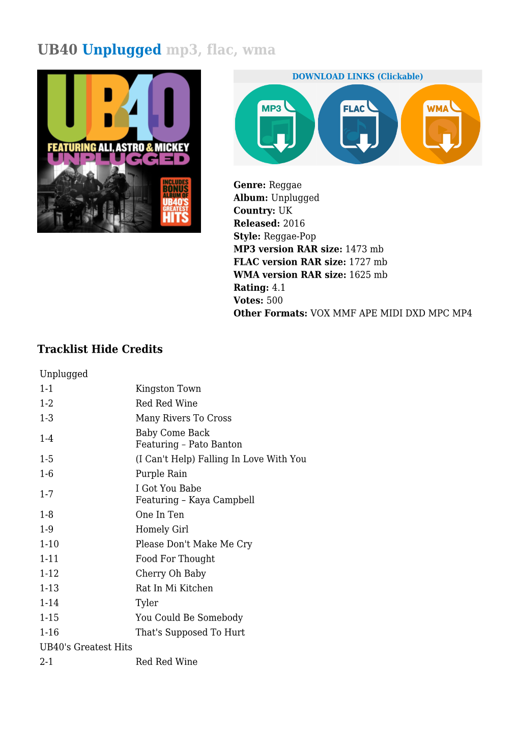 UB40 Unplugged Mp3, Flac, Wma