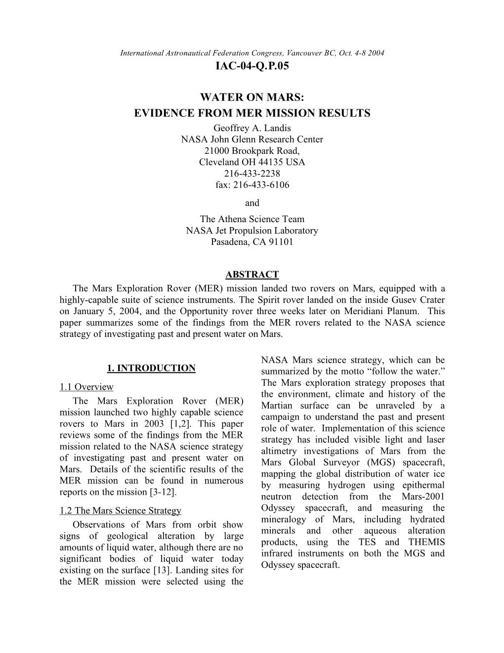 Iac-04-Q.P.05 Water on Mars: Evidence from Mer