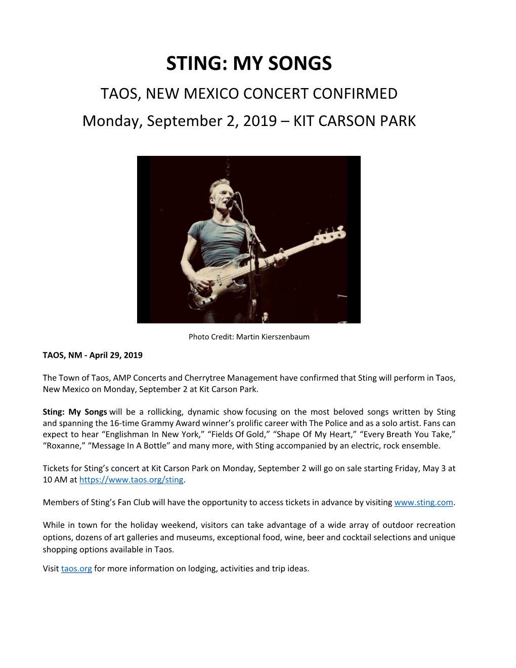 Sting: My Songs. Taos, New Mexico Concert Confirmed