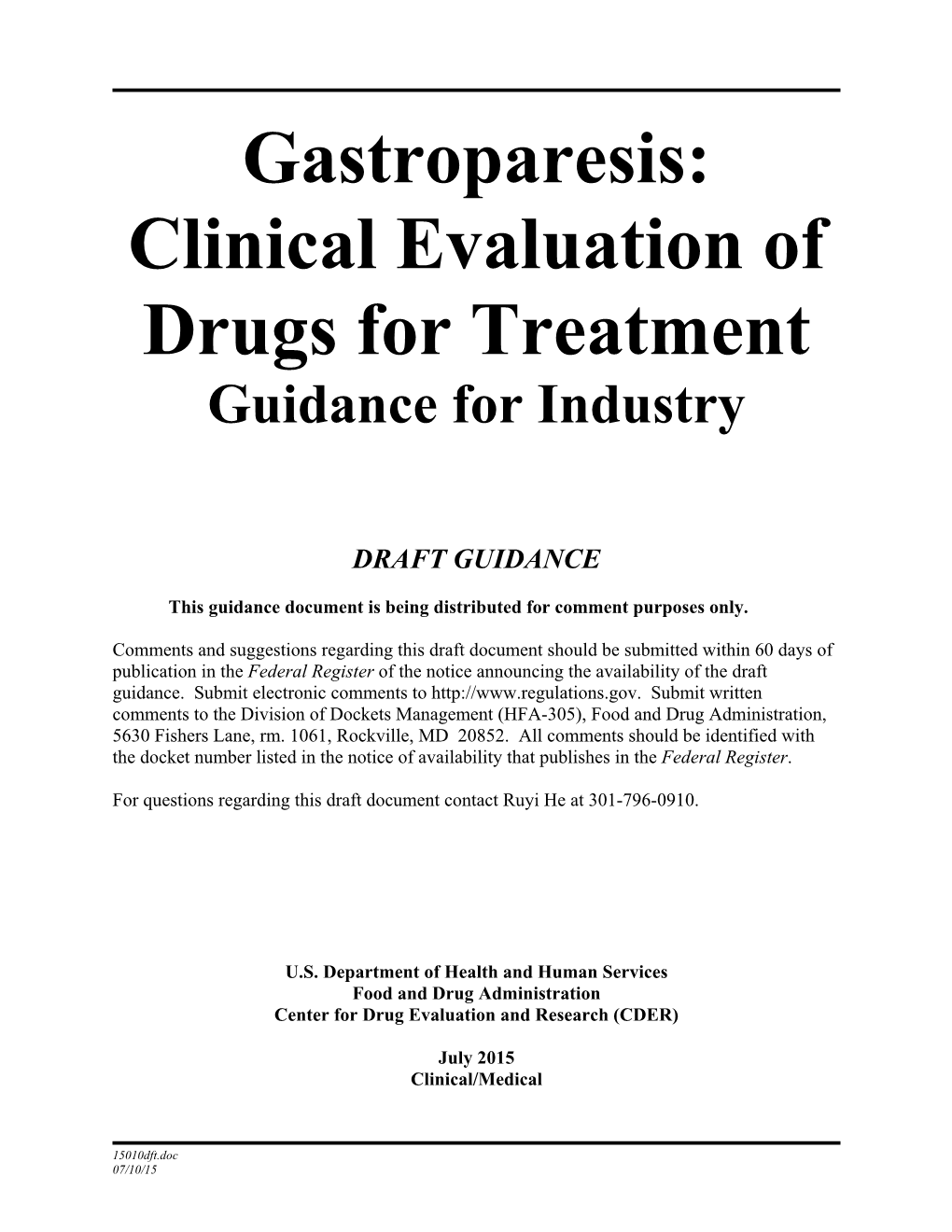 Gastroparesis: Clinical Evaluation of Drugs for Treatment Guidance for Industry