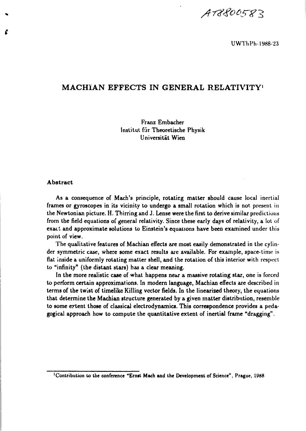 Machian Effects in General Relativity1